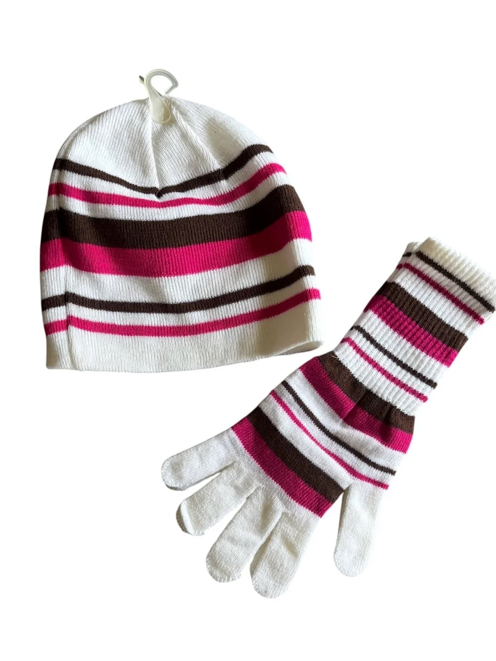 New Women’s Striped Beanie and Gloves Set - White, Pink & Brown